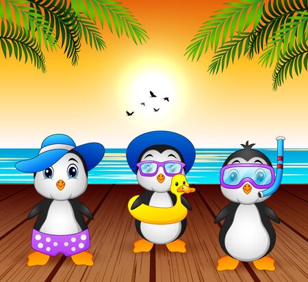 Cartoon summer penguins at the beachのイラスト素材