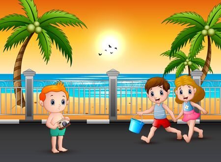 Children are going on the street to the beachのイラスト素材