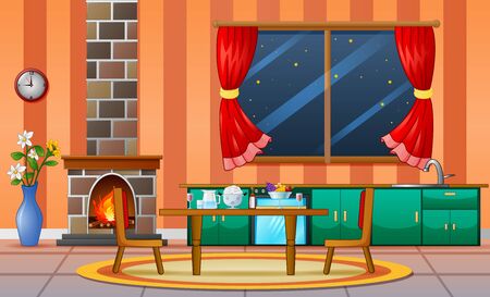 Fireplace living room family house interior furnitureのイラスト素材