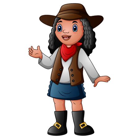 Curly hair cowgirl isolated on white backgroundのイラスト素材