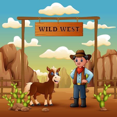Funny cowboy with horse in the stony desertのイラスト素材