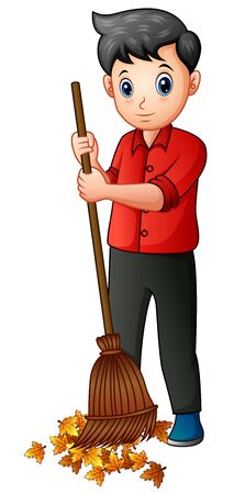 Man with a broom sweeps away fallen leavesのイラスト素材