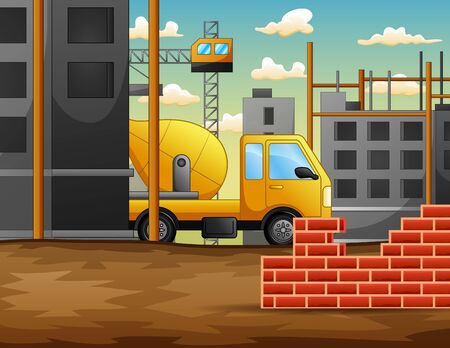 Building site work process under construction with cranes and machinesのイラスト素材