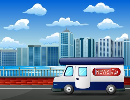 Modern news truck on city road, mobile broadcast vehicleのイラスト素材