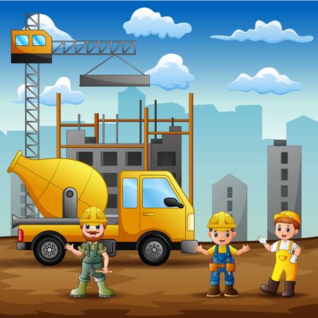 Construction worker at construction site backgroundのイラスト素材