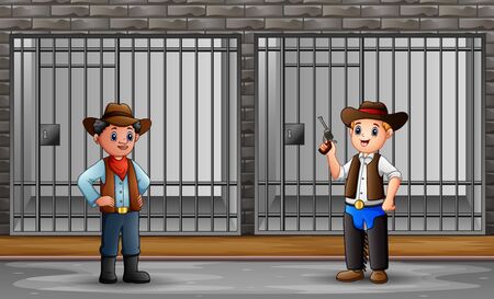 Prison interior with prisoners and police officersのイラスト素材