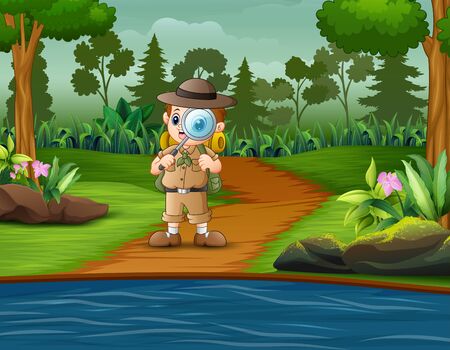 Boy explorer with magnifying glass in the forestのイラスト素材