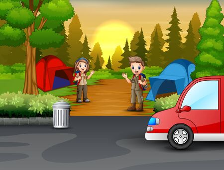 Young scout in the camping zone sceneのイラスト素材