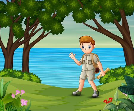 Boy scout with backpack hiking on the forestのイラスト素材