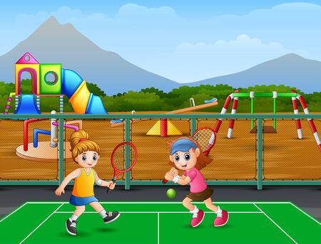 Happy girls playing tennis at the courtsのイラスト素材