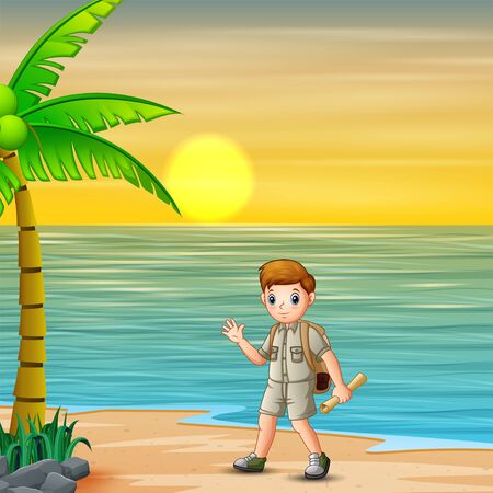 Scout boy going to camp site at sunsetのイラスト素材