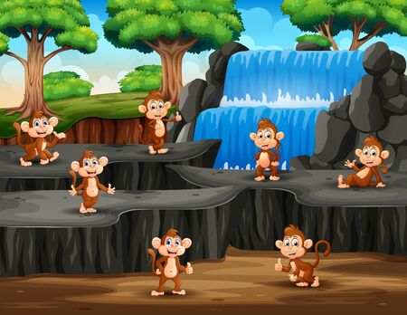 Group of monkeys on the waterfall sceneのイラスト素材