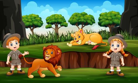Zookeeper with lions on natureのイラスト素材