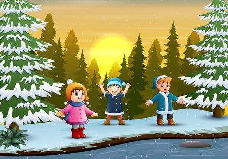 Happy children playing in winterのイラスト素材
