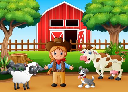 A beautiful cowgirl and farm animal in front the barnのイラスト素材