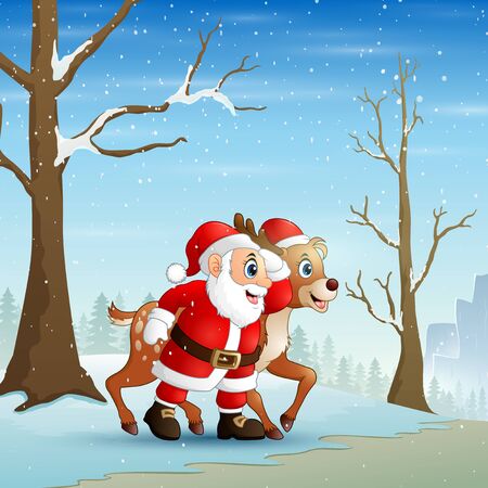 Santa claus with reindeer at christmas winter landscapeのイラスト素材