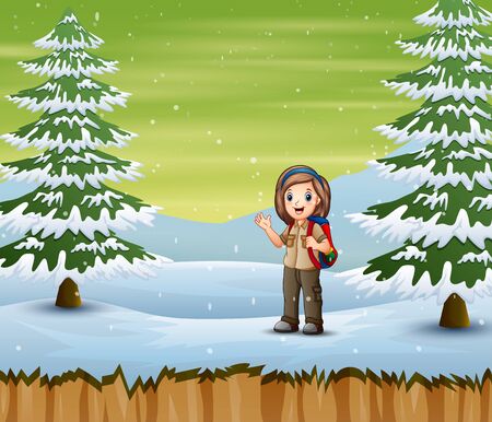 Explorer girl with backpack standing in winter landscapeのイラスト素材