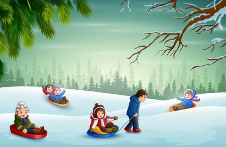 Happy children playing sledding in the snowのイラスト素材