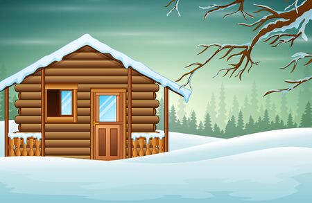 A small wooden house with a snowy backgroundのイラスト素材
