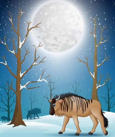 Cartoon wildebeest on the winter forestのイラスト素材