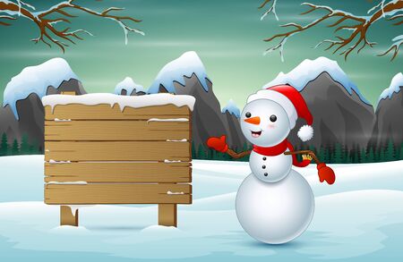 A cute snowman and a snowy wooden signのイラスト素材