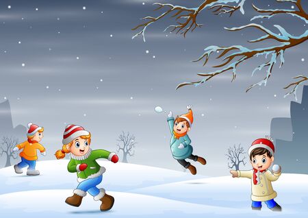 Cartoon the children having fun on snowy outdoorsのイラスト素材