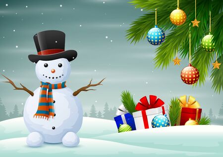 Cute snowman with gift boxes on winter christmasのイラスト素材