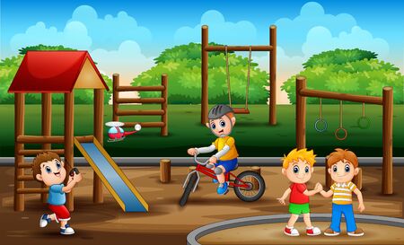 Cartoon many boys having fun outsideのイラスト素材