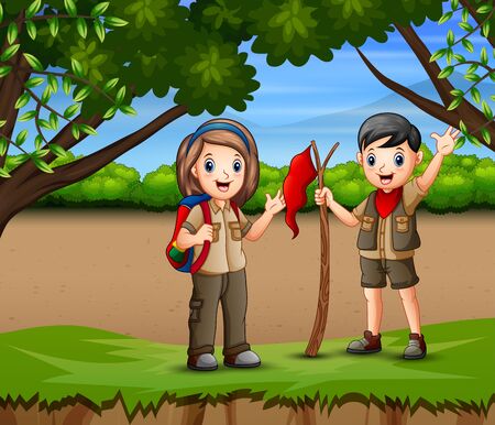 A boy and girl scout hiking in forestのイラスト素材