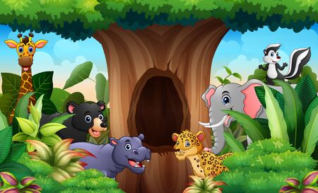 Zoo animals under the hollow tree landscapeのイラスト素材