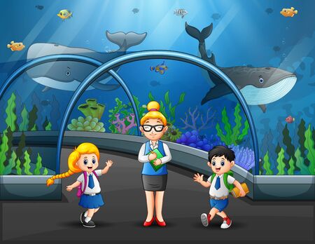 Group of kids watching fishes at aquarium excursion with woman teacherのイラスト素材