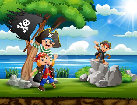 Cartoon pirates children looking for treasure on riverbankのイラスト素材