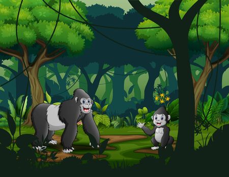 Mother gorilla with her baby in the forestのイラスト素材