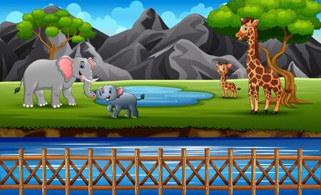 Wild animal families enjoying at the zoo park openのイラスト素材
