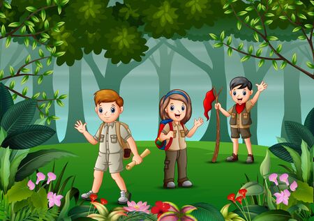 Group of scout are exploring the forestのイラスト素材