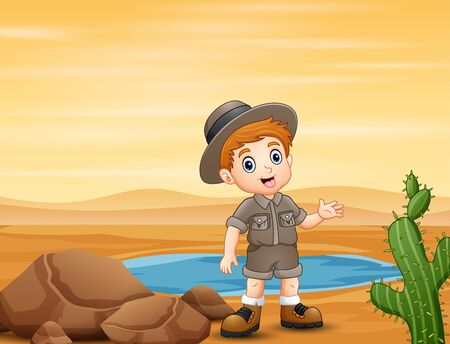 Boy scout by the small pond at the desertのイラスト素材