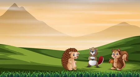 Scene with many animals at the fieldのイラスト素材