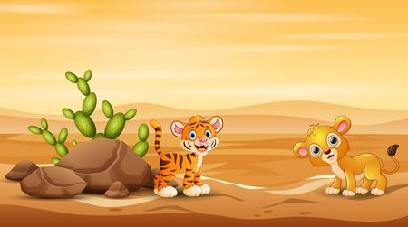 Baby tiger and lion playing at desert landscapeのイラスト素材