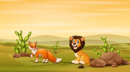 Lion and fox at the savanna illustrationのイラスト素材