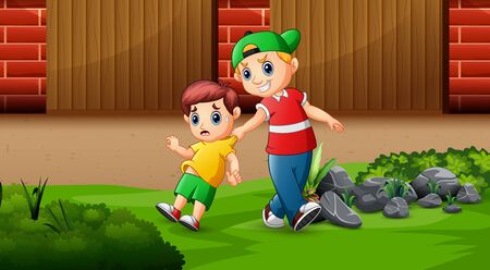 Illustration a naughty child disturb a child and scares himのイラスト素材