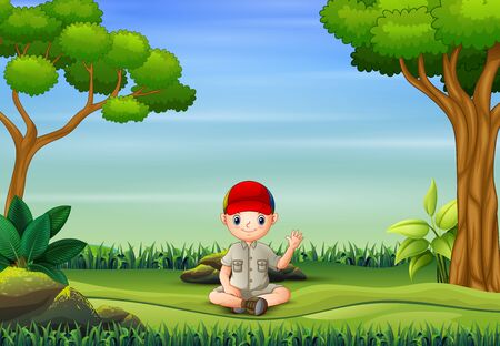 The scout boy sitting and waving in nature backgroundのイラスト素材