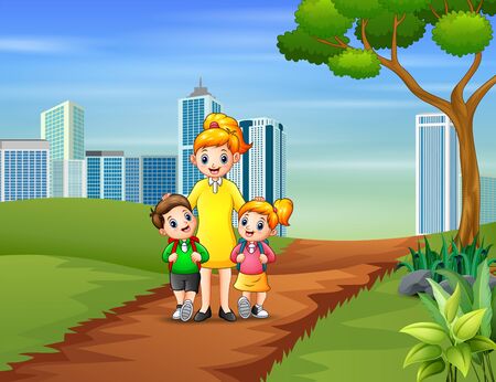 Happy children going to school with their motherのイラスト素材