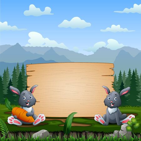 Happy bunnies sitting near wooden signのイラスト素材