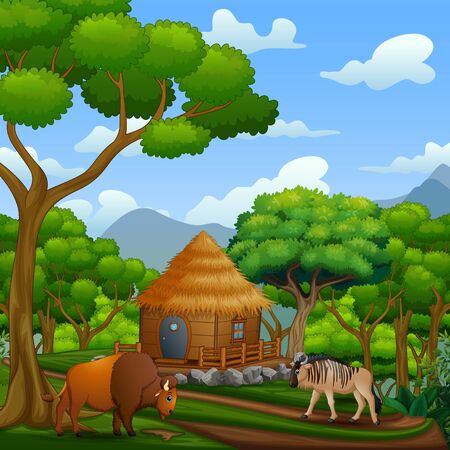 Scene with wooden cottage with animalsのイラスト素材