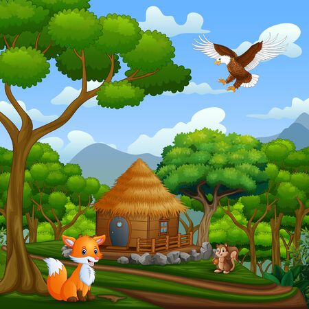 A wooden cottage and animals in the middle of forestのイラスト素材