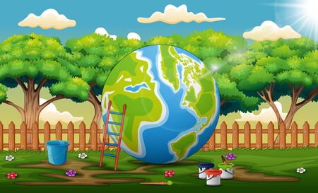Nature scene with a painted globeのイラスト素材