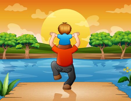 Father with his son looking a view in the afternoonのイラスト素材