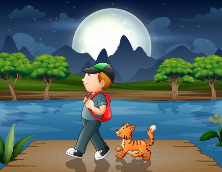 Boy with his cat walking on the pierのイラスト素材