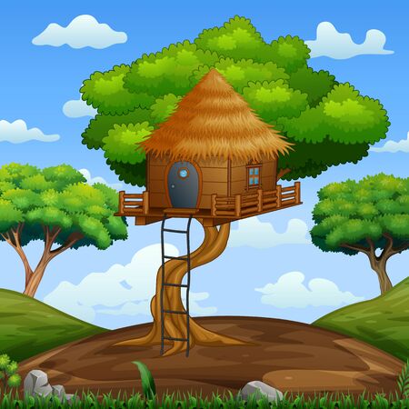 Scene with wooden treehouse in the forestのイラスト素材