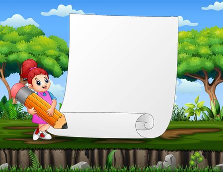 Border template with girl holding a pencil in nature backgroundのイラスト素材